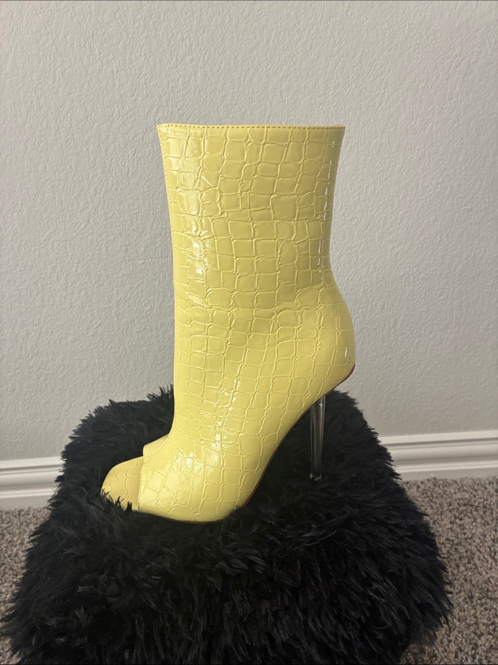 Azalea Wang Yellow Croc-Embossed Stiletto Sock Boot